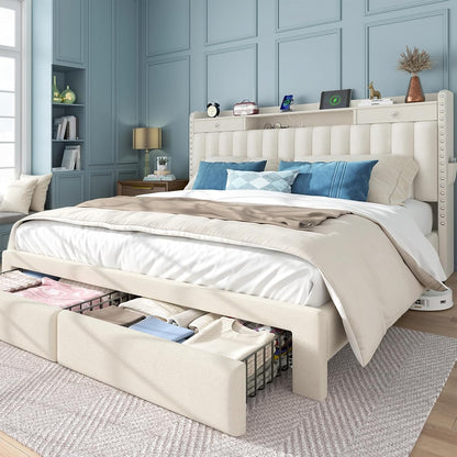 King Bed Frame and Headboard & 4 Storage Drawers, Built-in Charging Station