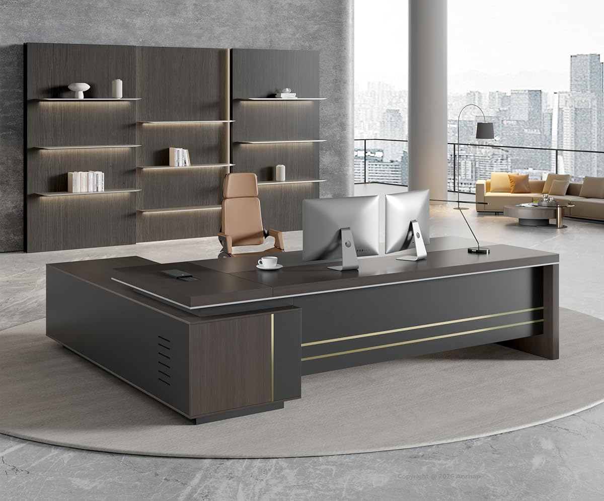87" Reversible L-Shaped Executive Desk with Drawers, Modern Large Office Desk with Open Shelves, Ventilated CPU Compartment, Built-in Outlet & USB Ports – Home Office Desk (87"L x 69"W x 30"H)