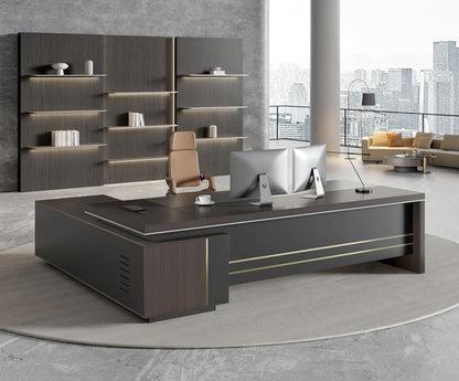 87" Reversible L-Shaped Executive Desk with Drawers, Modern Large Office Desk with Open Shelves, Ventilated CPU Compartment, Built-in Outlet & USB Ports – Home Office Desk (87"L x 69"W x 30"H)
