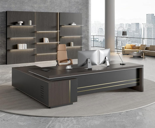 87" Reversible L-Shaped Executive Desk with Drawers, Modern Large Office Desk with Open Shelves, Ventilated CPU Compartment, Built-in Outlet & USB Ports – Home Office Desk (87"L x 69"W x 30"H)