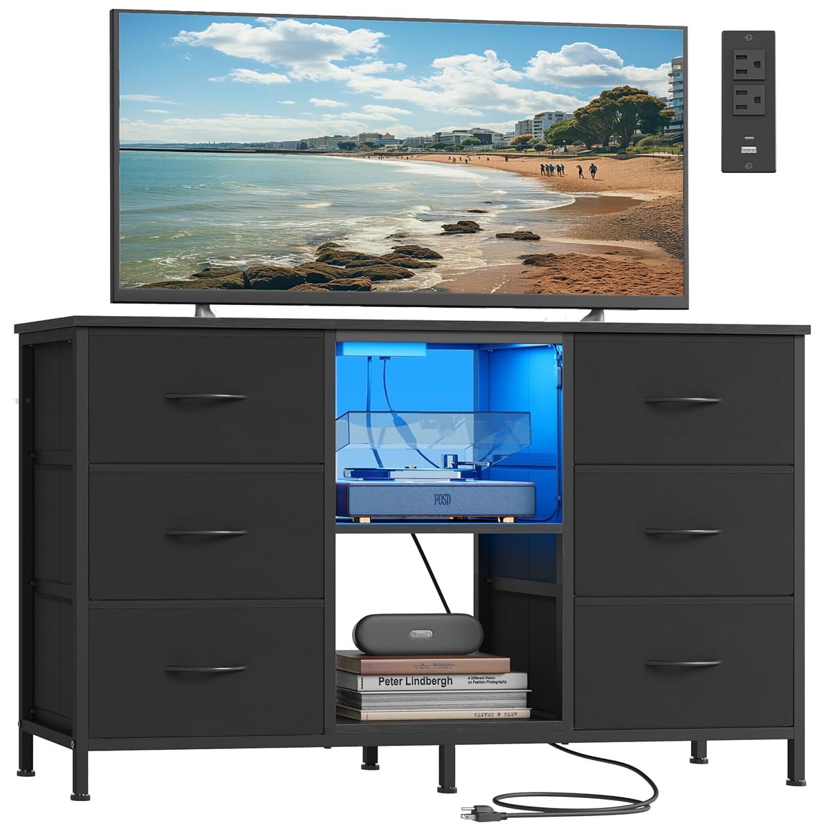 SONGMICS BELLAH Collection - TV Stand for TVs Up to 55 Inches, Dresser for Bedroom, Living Room, Chest of Drawers, Steel, 6 Drawers and 2 Shelves, Modern, Ink Black ULGS032B101S