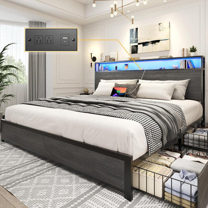 King Bed Frame with 2-Tier Storage Headboard