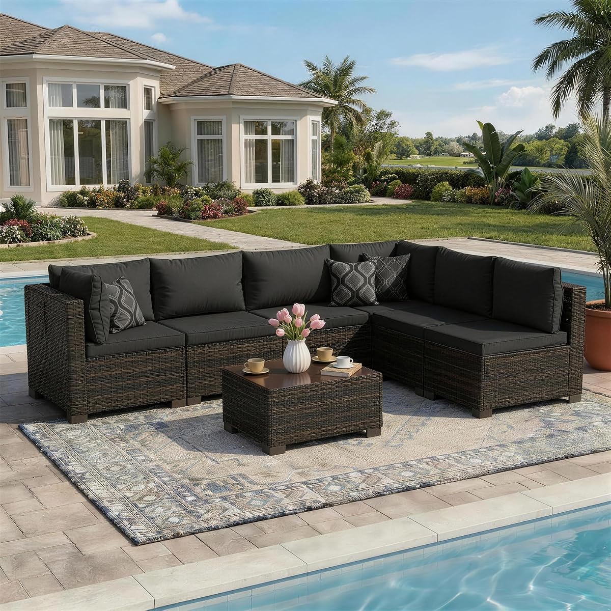 LAFWLL 7 Pieces Outdoor Patio Furniture Sets,Rattan Conversation Sectional Set,Manual Weaving Wicker Patio Sofa with Tea Table