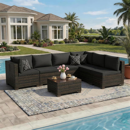 LAFWLL 7 Pieces Outdoor Patio Furniture Sets,Rattan Conversation Sectional Set,Manual Weaving Wicker Patio Sofa with Tea Table