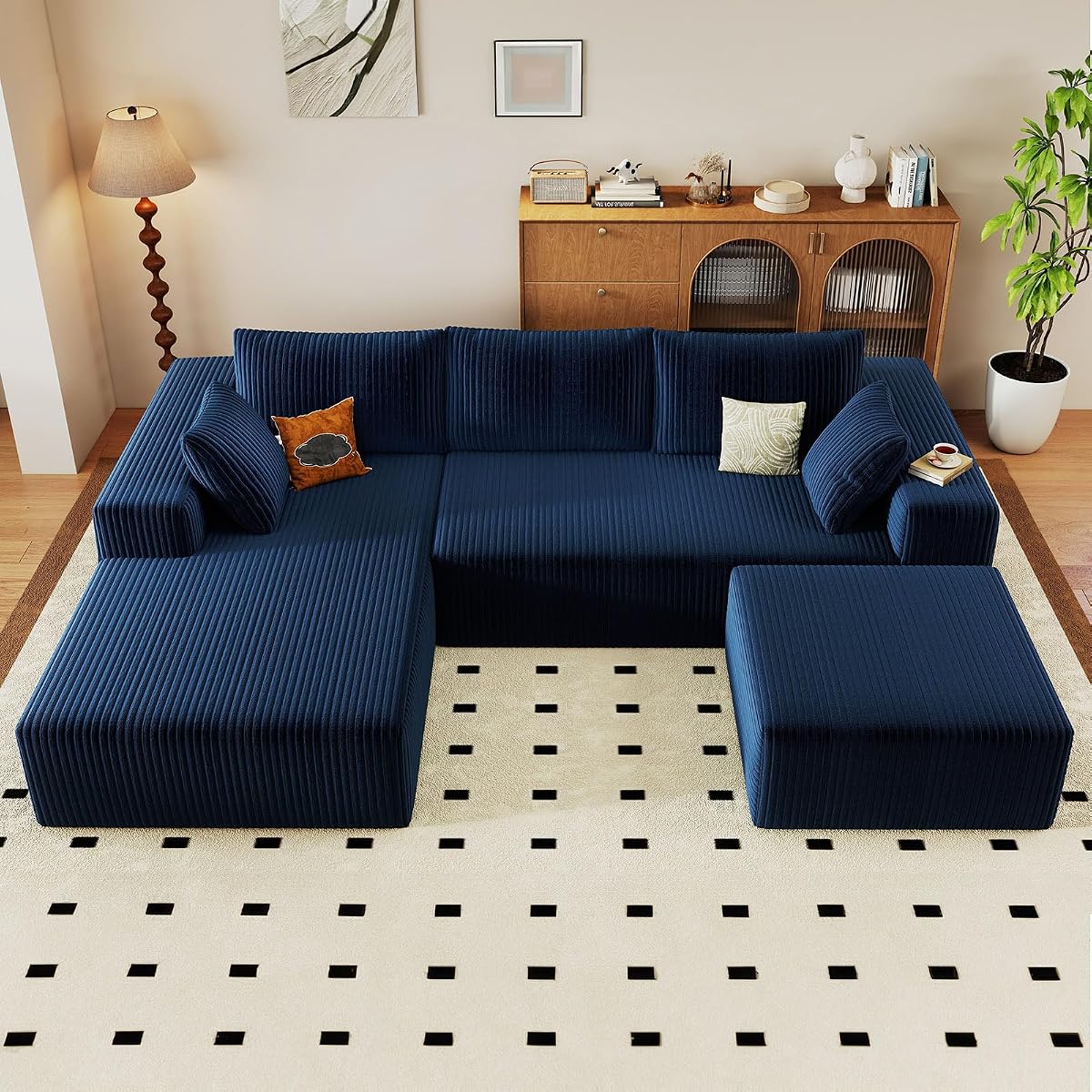 96" Cloud Sectional Couch with U-Shaped Chaise, Corduroy Sectional Sofa with Ottoman, Boneless Couch with Deep Seat in a Box for Living Room, No Assembly Required (Blue, Left Facing Chaise)