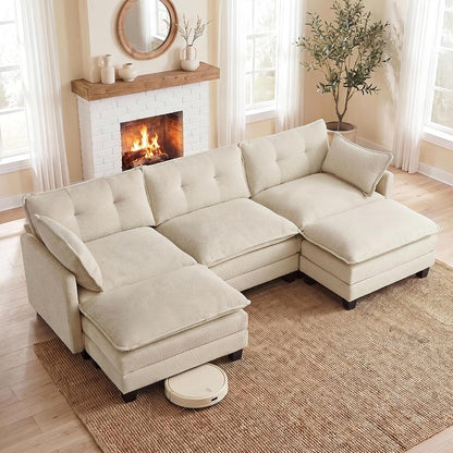 111.5" U Shaped Modular Sectional Sofa, Beige Corduroy