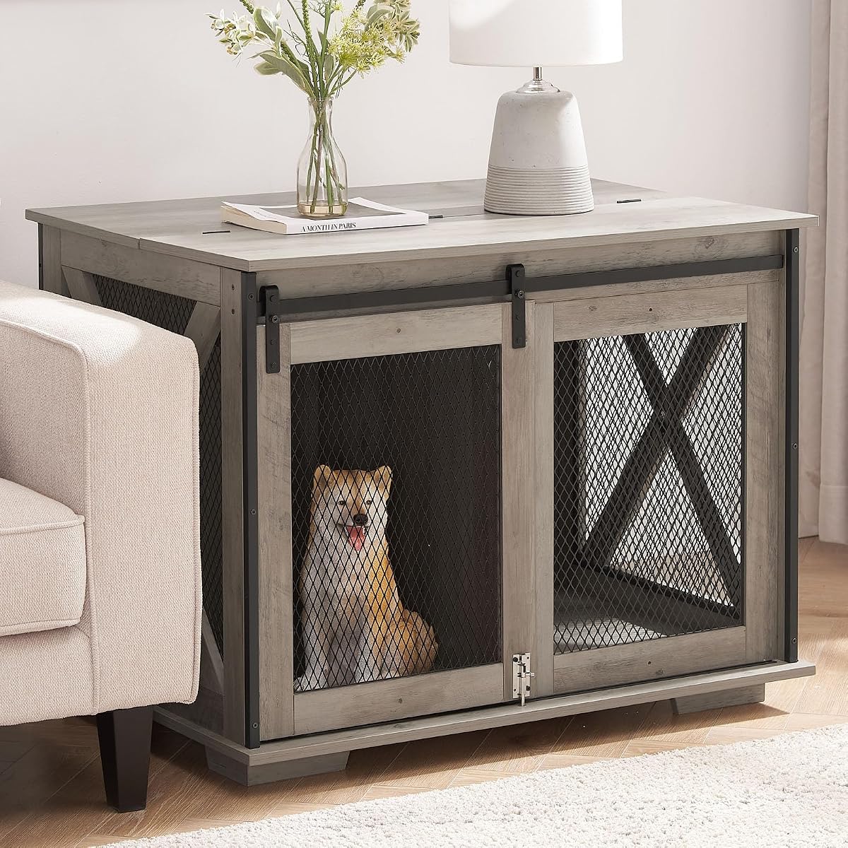 Farmhouse Dog Kennel Furniture with Sliding Barn Door