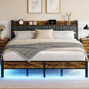 King Size Bed Frame with Charging Station, Storage Headboard, view 2