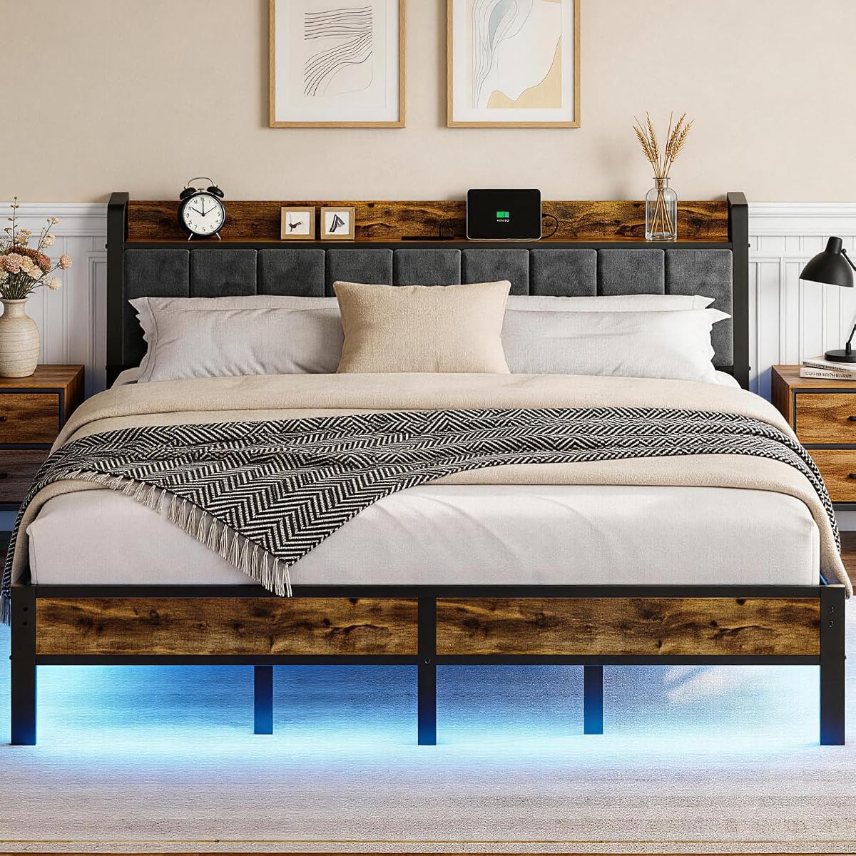 King Size Bed Frame with Charging Station, Storage Headboard