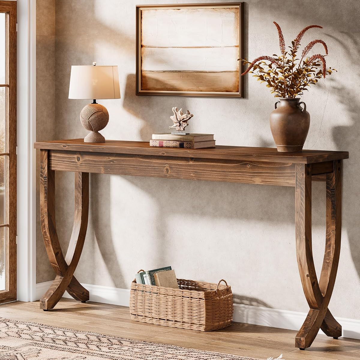 63-Inch Solid Wood Console Table for Entryway | Farmhouse Narrow Long Sofa Table with Curved Legs, Brown