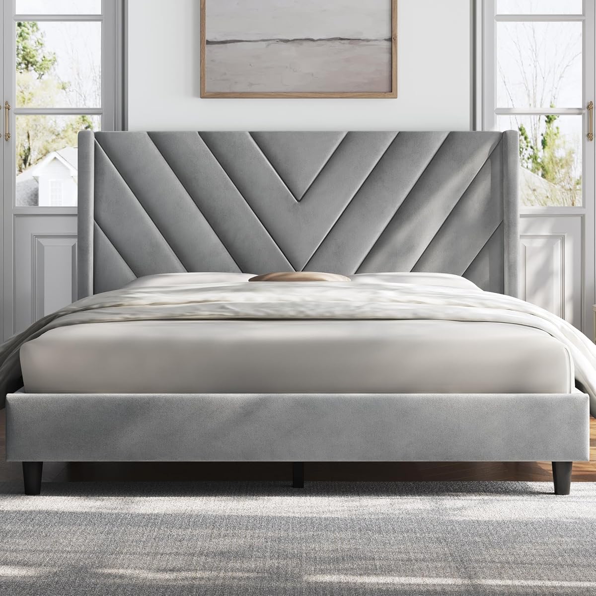 Queen Bed Frame with Chevron Channel-Tufted Headboard, Light Gray