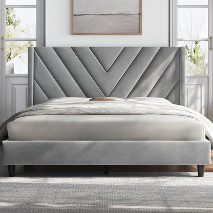 Queen Bed Frame with Chevron Channel-Tufted Headboard, Light Gray