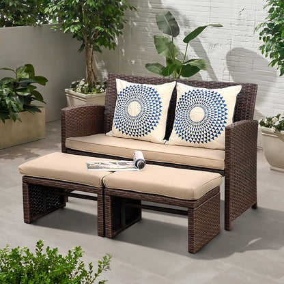Outdoor Loveseat 3 Piece Patio Furniture Set Outdoor Conversation Set All-Weather Wicker Love Seat with Ottoman/Side Table, Brown Rattan, Beige