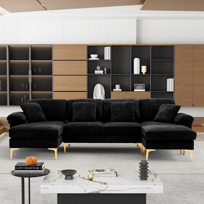 U-Shaped Sectional Sofa Couch, 4 Seat Sofa Set for Living Room, Convertible L-Shaped Velvet Couch Set with Chaise Lounge, Ottoman and Pillows,114 inches (Black)