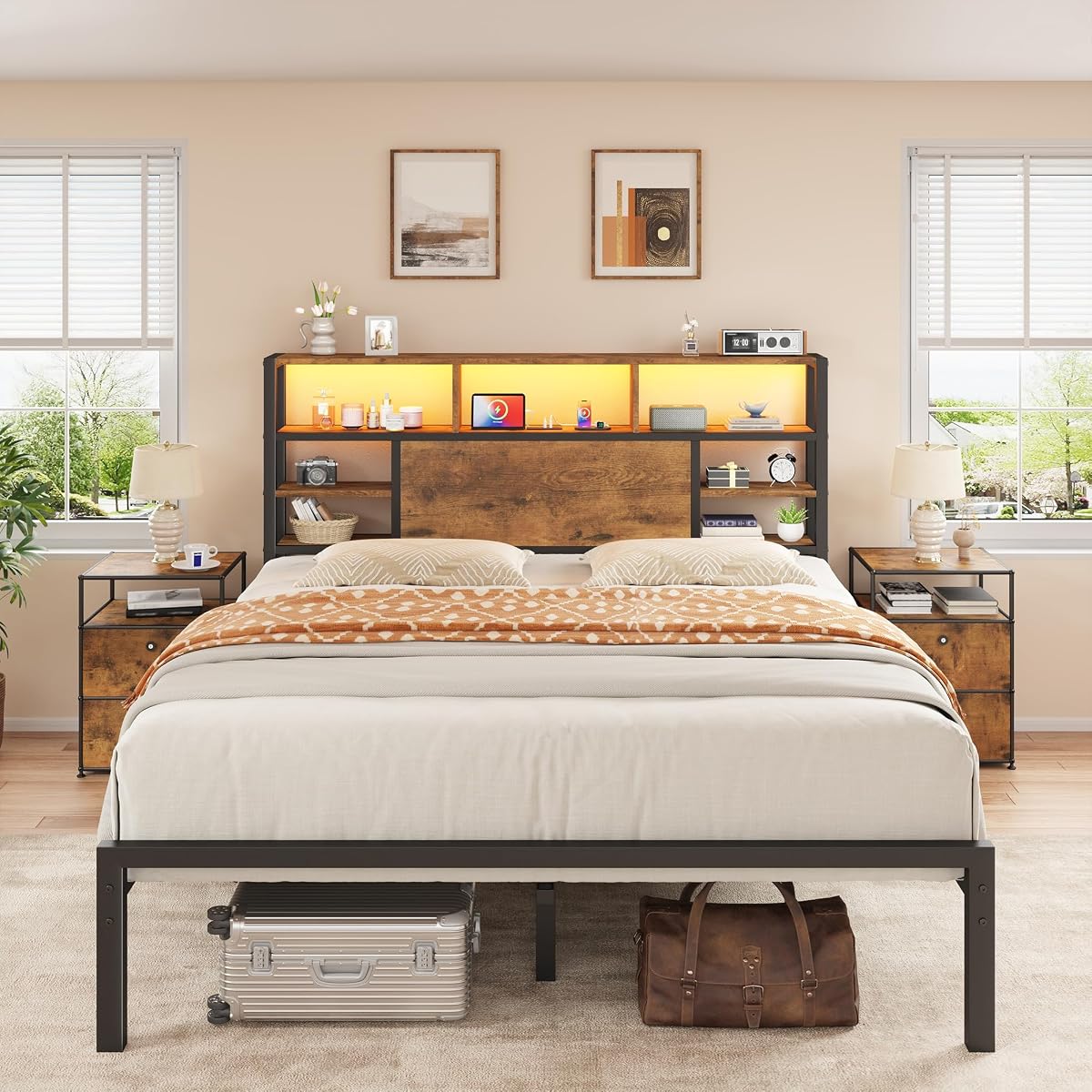 Queen Bed Frame with Storage Headboard and Charging Station, Brown