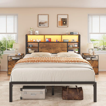 Queen Bed Frame with Storage Headboard and Charging Station, Brown