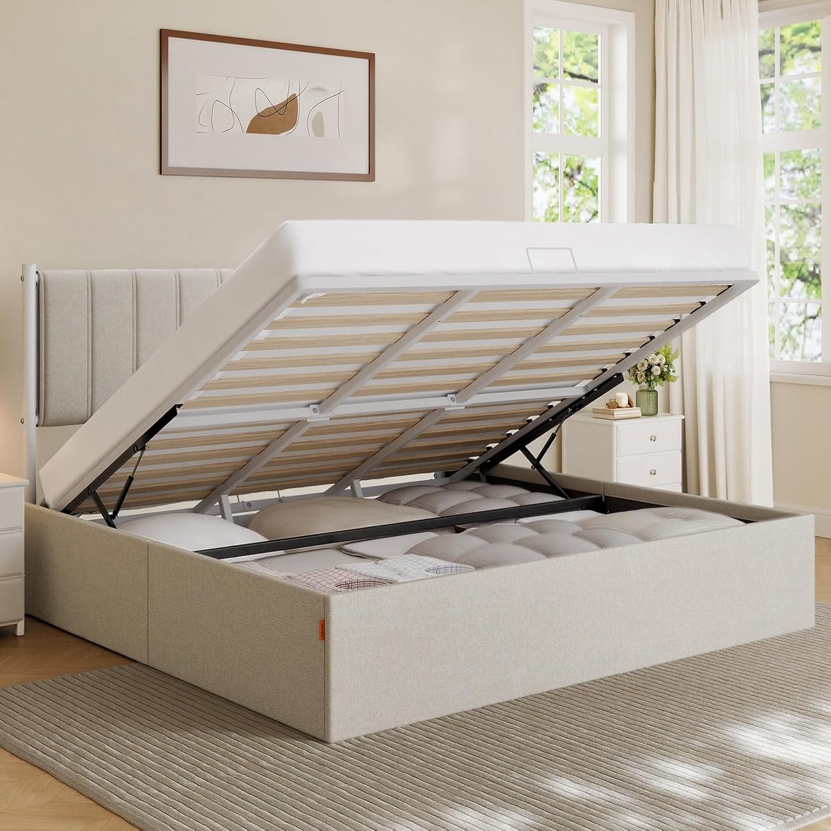 VASAGLE Lift Up Storage Bed Frame, King Size, Upholstered Headboard