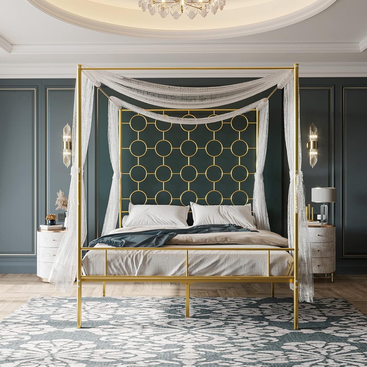 Gold Metal Canopy Bed Frame Queen/Mattress Foundation with Steel Slat