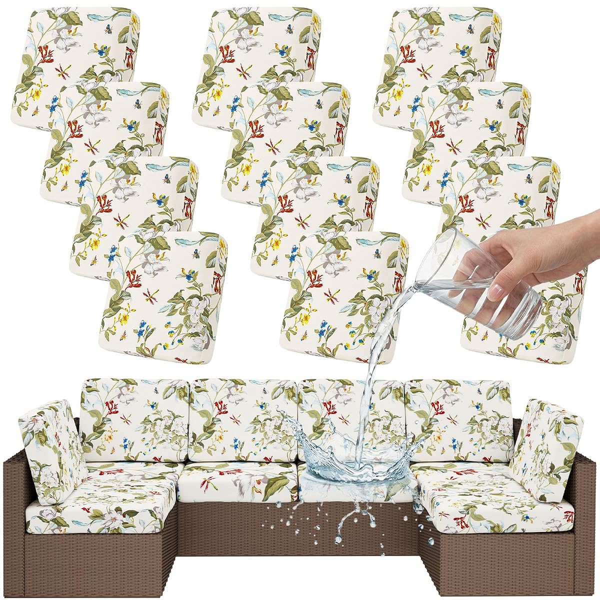 Waterproof Patio Cushion Covers, Stretch Outdoor Couch Slipcovers Replacement Washable Furniture Protector Sofa Chair Seat Cover for Dogs and Pets (12 Pcs, Beige and Green)