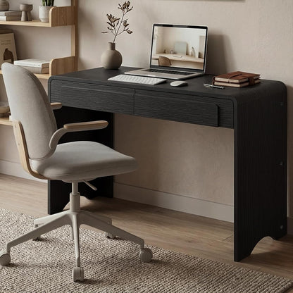 Computer Desk with 2 Drawers, 47 Inch Wood Home Office Desk, Small Writing Table with Curved Handles & Waterfall Rounded Edges, Cute Modern Desks for Bedroom Study Living Room, Black
