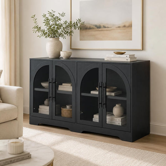 Sideboard Buffet Cabinet with Arched Glass Doors, Adjustable Shelves