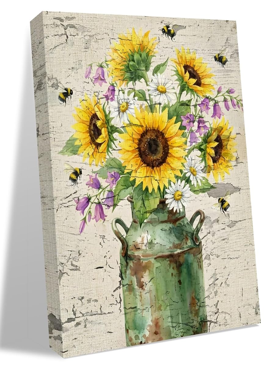NuYeBiofx Summer Sunflower Daisy Flower Canvas Wall Art Prints,40"x28" Framed Picture Artwork Rustic Bee Retro Mottled Texture Printed Canvas Oil Painting for Living Room Bedroom Office,Ready to Hang