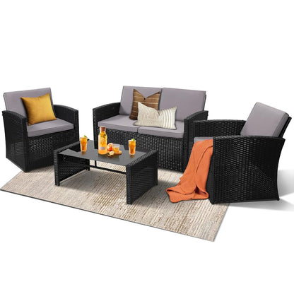 4-Piece Patio Furniture Set, Wicker Outdoor Rattan Sectional Sofa with Cushions and Glass Table, All-Weather Outdoor Conversation Set for Garden, Porch, Backyard, Patio, Black and Grey