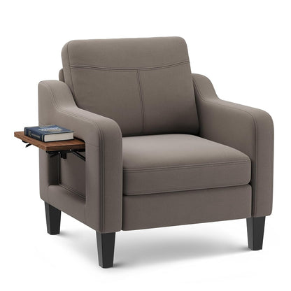 Upholstered Accent Chair with Foldable Side Table for Living Room | 2 Side Pockets, Modern Linen Armchair Wooden Fabric Chairs for Living Room, Comfy Reading for Bedroom/Office