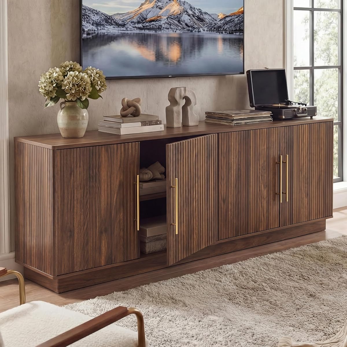 70" TV Stand for up to 80" TVs with 4 Fluted Doors, Natural Oak
