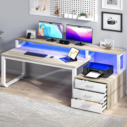 67" Home Office Desk with 3 Drawers and LED Lights, Walnut