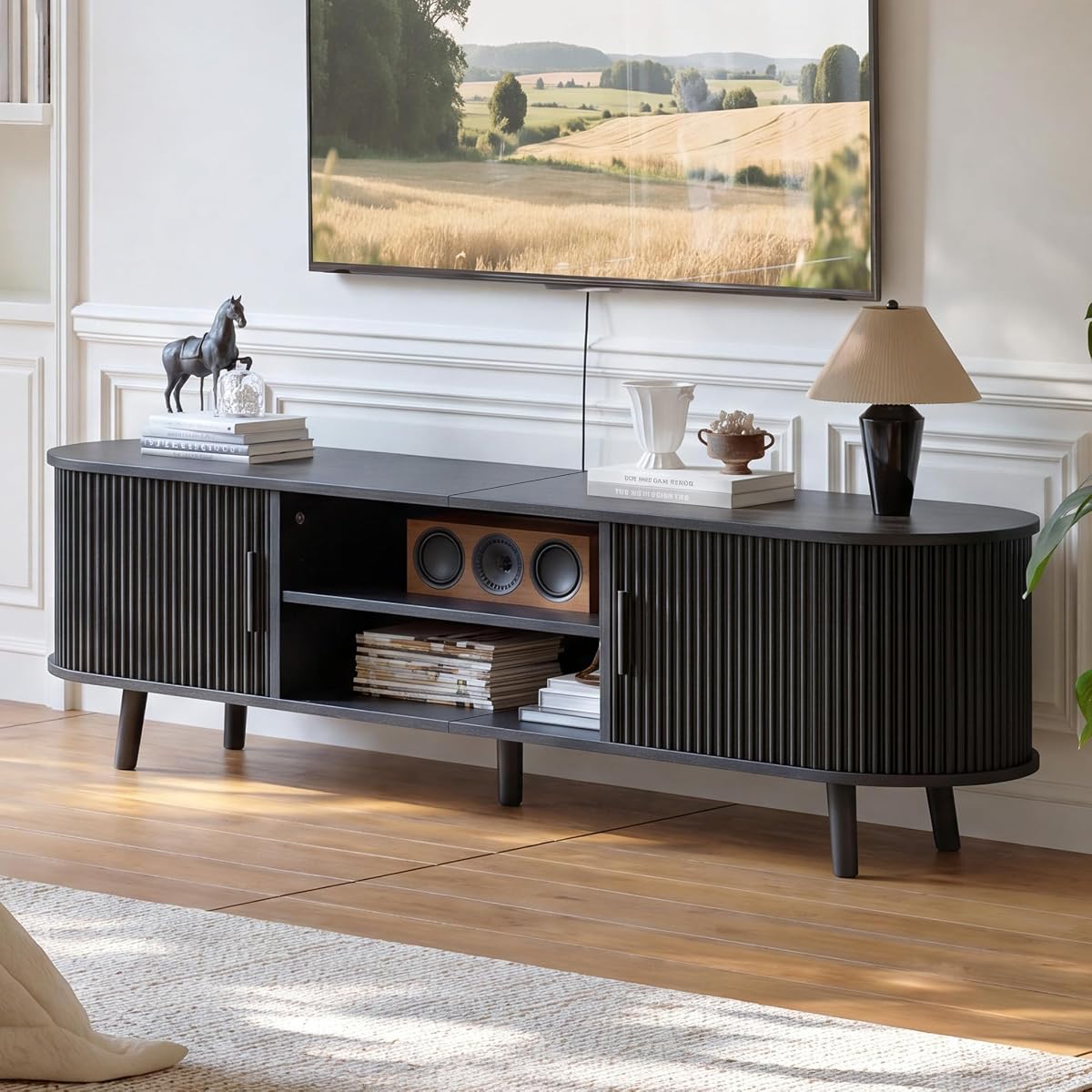 62.8" Mid Century Modern TV Stand with Fluted Sliding Doors