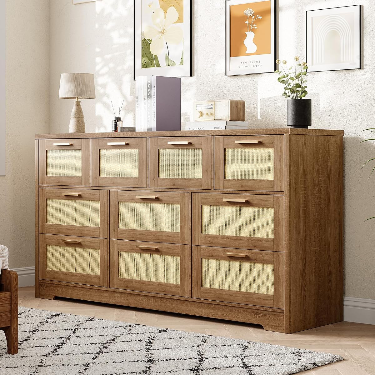 10 Drawer Dresser for Bedroom, 59 in Farmhouse Rattan Dressers & Chests of Drawers, Wooden Storage Organizer with Anti-Tipping Device for Living Room, Hallway, Entryway, Natural