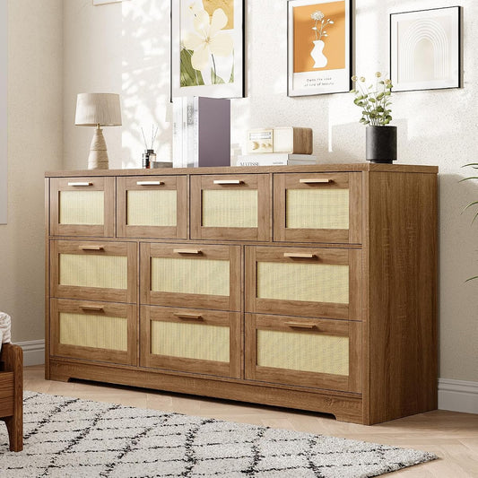 10 Drawer Dresser for Bedroom, 59 in Farmhouse Rattan Dressers & Chests of Drawers, Wooden Storage Organizer with Anti-Tipping Device for Living Room, Hallway, Entryway, Natural