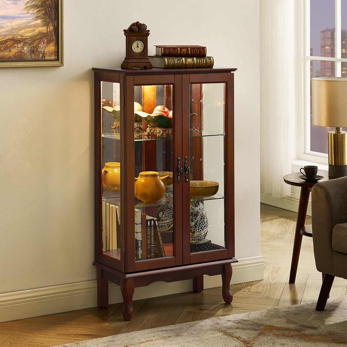 Knocbel Classic 3-Shelf Curio Cabinet with Tempered Glass Doors and Adjustable Storage Shelves, 43.5" Height Free Standing Display Showcase Bookshelf for Living Room Bedroom Home Office (Walnut)