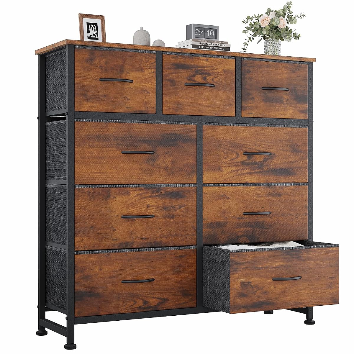 Dresser for Bedroom, 9 Storage Drawers, Wide Fabric Closet Chests Organizer Tower Furniture, TV Stand with Wooden Top Metal Frame for Clothes, Living Room, Hallway, Entryway, Rustic Brown