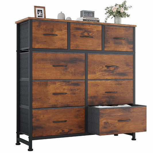 Dresser for Bedroom, 9 Storage Drawers, Wide Fabric Closet Chests Organizer Tower Furniture, TV Stand with Wooden Top Metal Frame for Clothes, Living Room, Hallway, Entryway, Rustic Brown