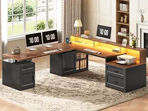 Farmhouse L Shaped Standing Electric Desk with Storage, Black, view 2