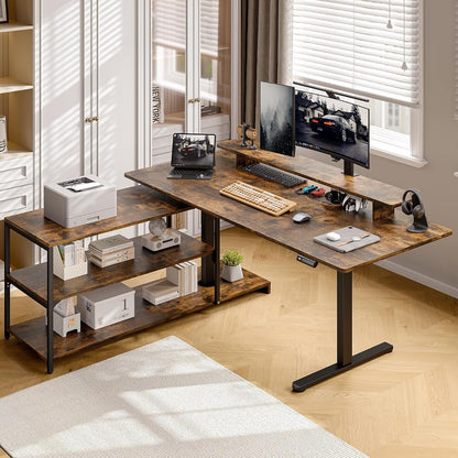L Shaped Standing Desk with File Cabinet, 63x24'' Electric Stand Up Desk with Monitor and Storage Shelf, Adjustable Height 28-46'' for Home and Computer Workstation, Rustic Brown