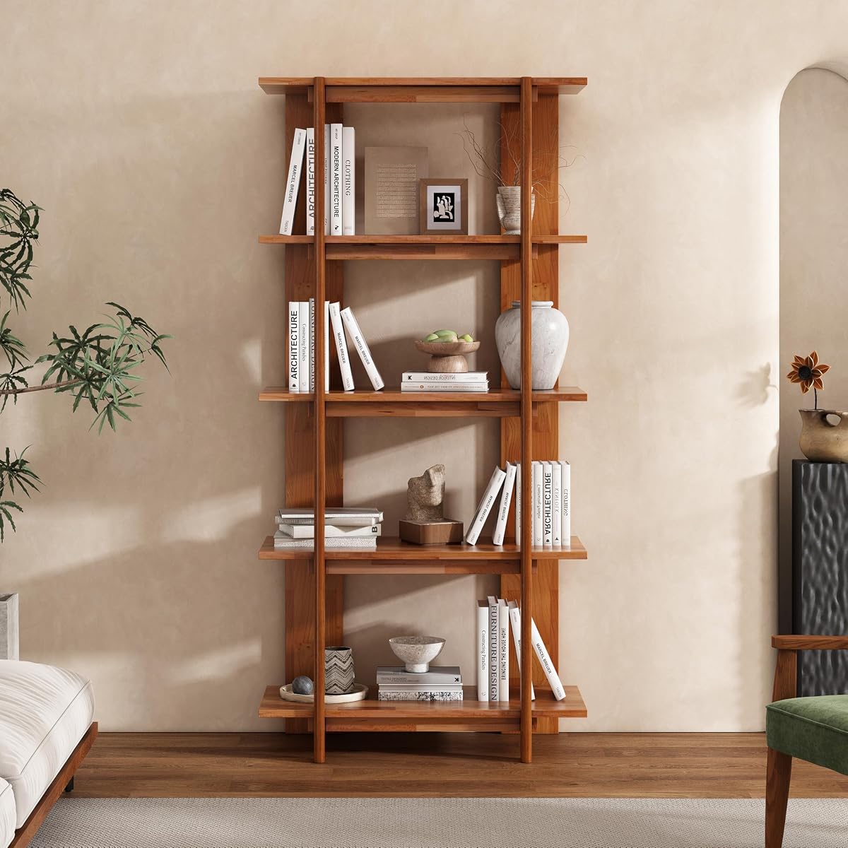 4 Shelf Narrow Teak Bookcase H-70 L-33 Acacia Wood Open Bookshelf