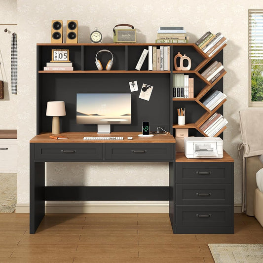 55" Computer Desk with Bookshelf, Drawers ＆ Hutch for Bedroom, Home Office