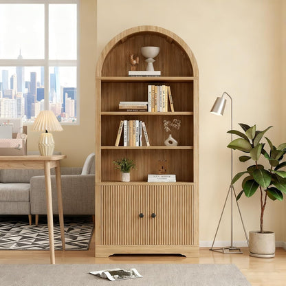 70" Modern Tall Arched Bookshelf, 2 Doors 6 Tiers Arch Cabinets with Storage