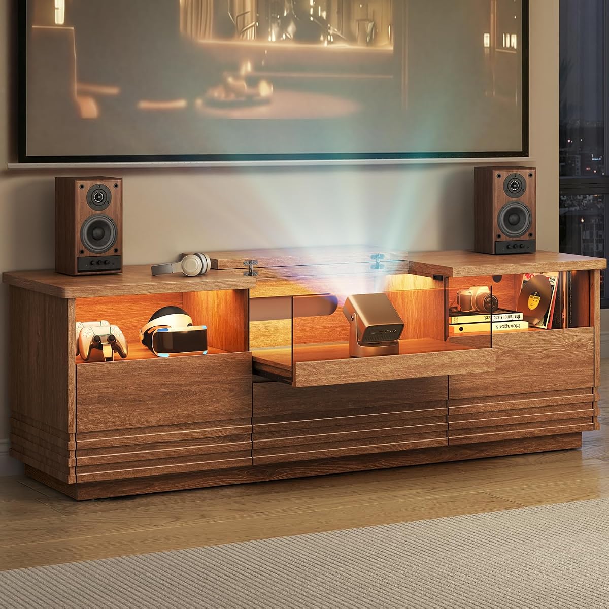 Fluted TV Stand with LED, Mid-Century Modern TV Cabinet, Brown