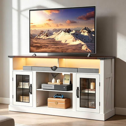 Farmhouse TV Stand for 65 Inch TV with LED Lights, TV Console, White