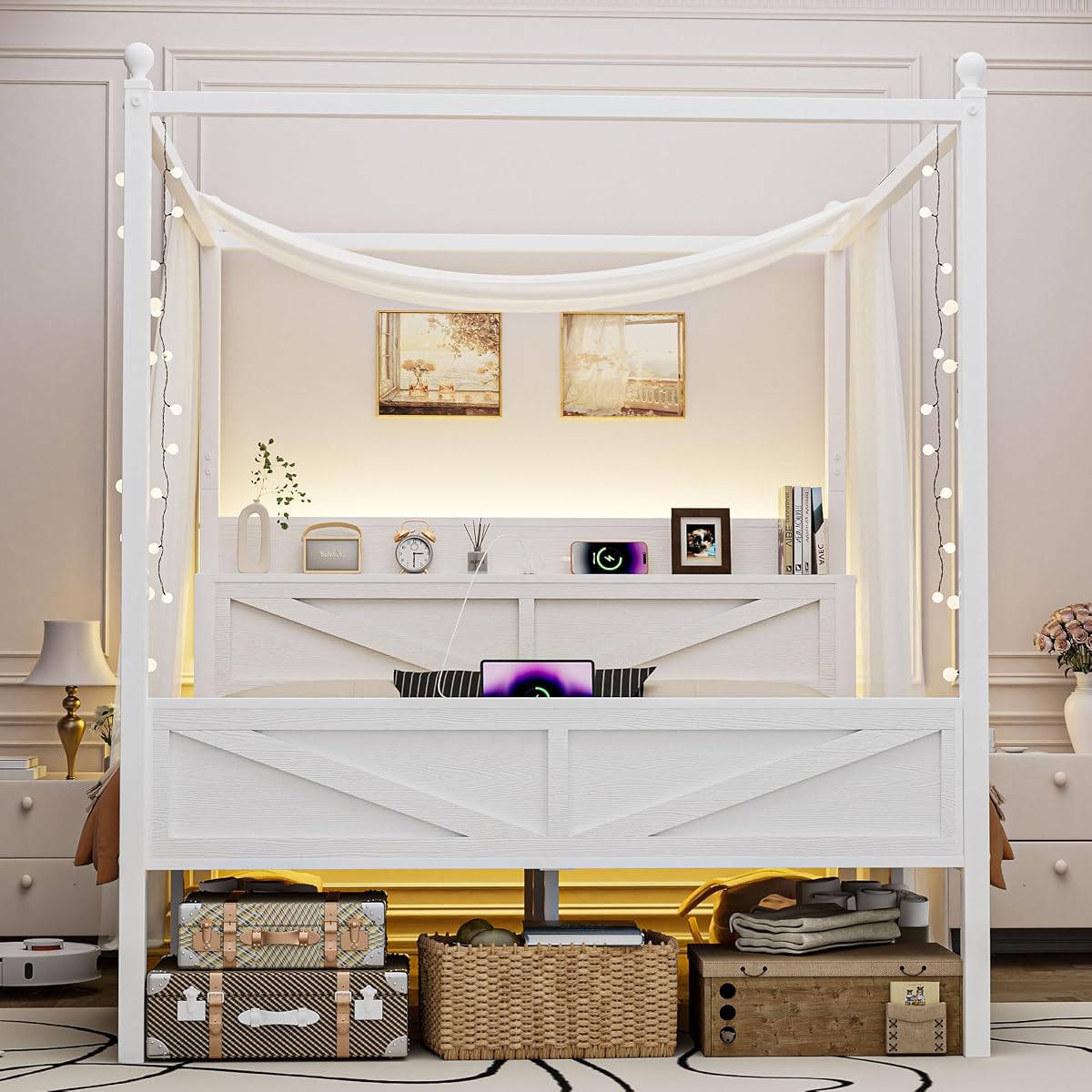 Queen Size Canopy Bed Frame with Barn Door Storage Headboard, Beige
