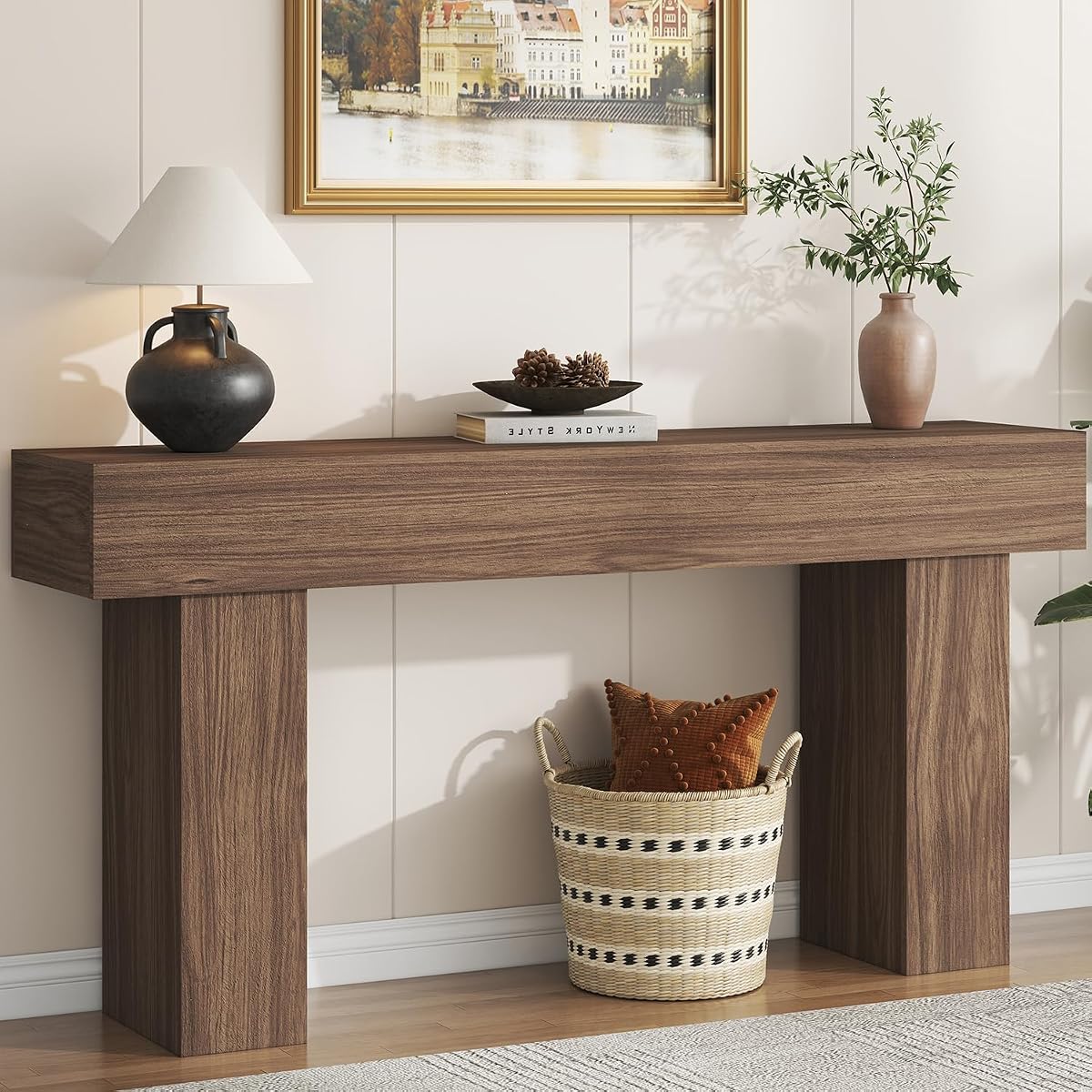 63 Inch Long Console Table for Entryway, Farmhouse Wood Rectangular Sofa Table Behind Couch Table, Narrow Entryway Table for Living Room, Entrance, Hallway, Foyer, Easy Assembly (Brown)