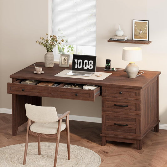 53.5" Executive Desk with Power Outlet, Home Office Desk with Drawers