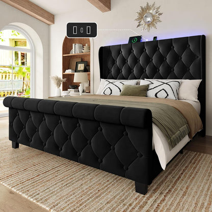 Queen Size Bed Frame with Headboard, Velvet Upholstered Bed Frame