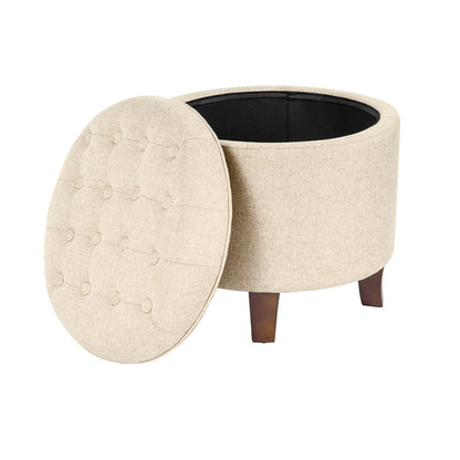 19" Button Tufted Round Storage Ottoman - Tan Woven