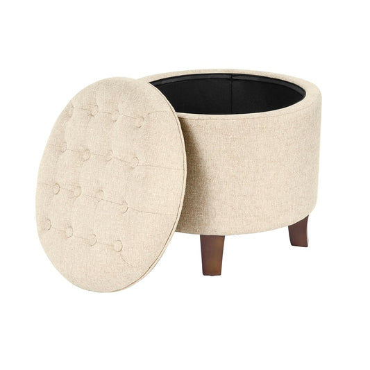 19" Button Tufted Round Storage Ottoman - Tan Woven