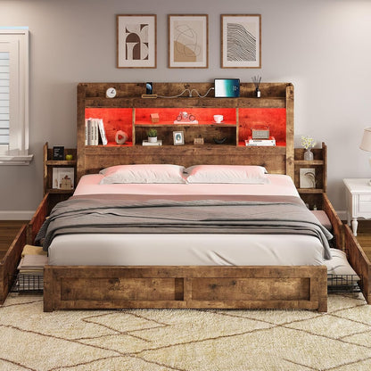 King Bed Frame with Bookcase Headboard & Storage, Rustic Brown